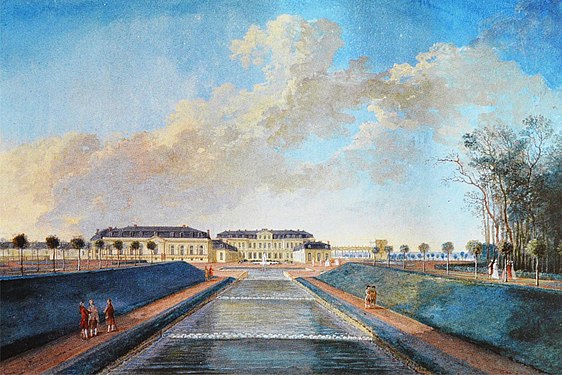 View of the south facade of the château from the middle of the cascade, showing the colonnaded portico topped with a balustraded terrace (painted c. 1770 by Nicolas Perignon)