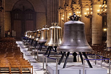 Nine newly-cast bells of Notre-Dame-de-Paris on display in the nave in 2013.