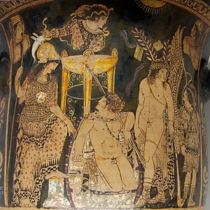 Paestan red-figure bell-krater (c. 330 BC), showing Orestes at Delphi flanked by Athena and Pylades among the Erinyes and priestesses of Apollo, with the Pythia sitting behind them on her tripod