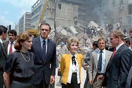 First ladies Paloma Cordero of Mexico (left) and Nancy Reagan of the United States (right) with U.S. Ambassador to Mexico, John Gavin observing damage from by 1985 Mexico City earthquake.