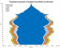 Ethnic population pyramid of England and Wales in 2021. Males on the left and Females on the right, showing the ethnic compositional makeup of the population pyramid of the nation.