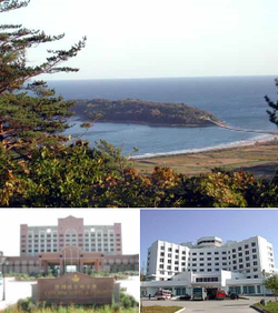 Bipaseom Island (top), Imperial Hotel and Casino (bottom left), Rason Hotel (bottom right)