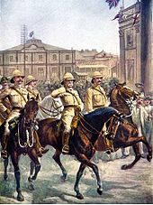 Lord Roberts's entry into Kimberley, showing jubilant crowds outside the town hall as Roberts takes the salute on horseback