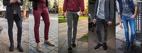 Various slim-fit jeans worn by men