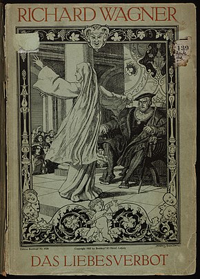 Picture of a vocal score, showing a woman in a white novice nun's outfit pointing at a bearded aristocratic man accusingly as he sits on a throne.