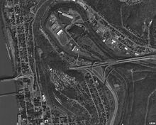 An overhead view of Wheeling hill with several roads surrounding it.