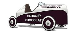 Kinsmen Coaster Classic Champion Bill Telfer's stout-built "Thunderbolt" race car from 1938. Sponsored by Cadbury, it comprised a headrest, windscreen[q] and modern wheels.