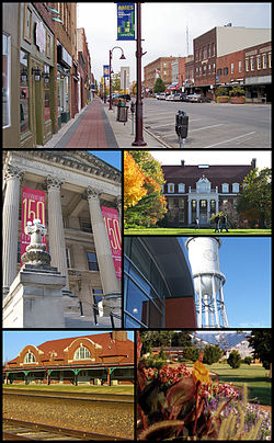 Clockwise from top: Main Street in downtown Ames, Iowa State University Alumni Hall, Marston Water Tower and Hoover Hall at ISU, Reiman Gardens, a train station in Ames, and Beardshear Hall