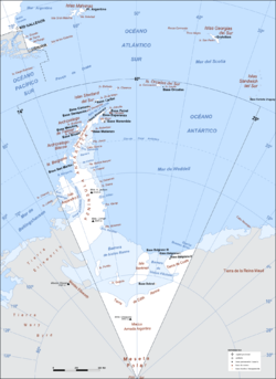Argentine Antarctica map since 1950. Orcadas base from 1904.