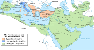 Map of western Eurasia and northern Africa showing the Umayyad Caliphate in green covering most of the Middle East, with the Byzantine Empire outlined in orange and the Lombard principalities in blue