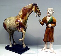Tang dynasty tomb figure in sancai glaze pottery, horse and groom (618–907)