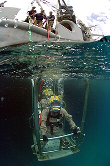 A split image showing surface-supplied divers wearing lightweight helmets on an underwater platform holding on to the railings. The photo also shows the support vessel above the surface in the background.