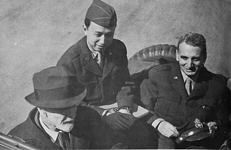Left to right: Ludwig Prandtl, Qian Xuesen, Theodore von Kármán. Prandtl served Germany during World War II; von Kármán and Qian served the United States; after 1955, Qian served China. Qian's overseas cap displays his temporary United States Army rank of colonel. Prandtl was von Kármán's doctoral adviser; von Kármán, in turn, was Qian's.