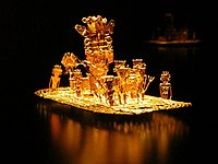 The zipa used to cover his body in gold and, from his Muisca raft, he offered treasures to the Guatavita goddess in the middle of the sacred lake. This old Muisca tradition became the origin of the El Dorado legend.