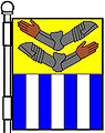 3 pallets—Per fess or and azure; in chief a dexter arm vambraced and a sinister arm contourny vambraced, proper and in base three pallets argent—Armstrong, USA (Scots arms)