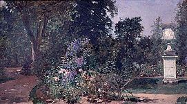 "Versailles, le jardin du Roi" by Raimundo de Madrazo y Garreta, 1914–1920, oil on canvas, 17 x 30 cm, Musée Lambinet