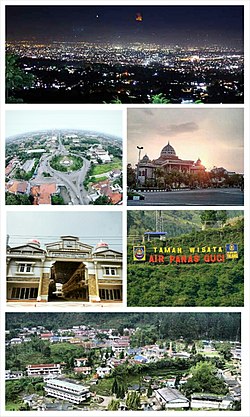 Clockwise from top: Tegal Regency scenery from the top of Star hills, Great Mosque of Tegal Regency, Guci Tourism Site, Countryside scenery in Guci village, Adiwerna City Walk and Slawi Town Roundabout