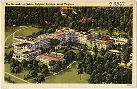 The Greenbrier in the late 1930s, showing the central 1913 wing, the back side of the 1931 north wing, and the 1911 bath wing on the right