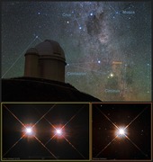 This picture combines a view of the southern skies over the ESO 3.6-metre telescope at the La Silla Observatory in Chile with images of the stars Proxima Centauri (lower-right) and the double star Alpha Centauri AB (lower-left) from the NASA/ESA Hubble Space Telescope. Proxima Centauri is the closest star to the Solar System and is orbited by the planet Proxima b.