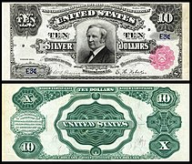 Obverse and reverse of an 1891 ten-dollar silver certificate depicting Thomas A. Hendricks