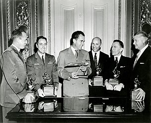 1958 Collier Trophy with (L to R) Walter W. Irwin, Howard C. Johnson, US VP Nixon, Gerhard Neumann, Neil Burgess, Clarence Leonard "Kelly" Johnson