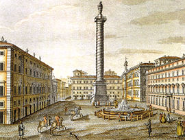 19th century print of the fountain in the Piazza Colonna