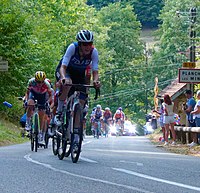 Riders cycling in a line up a street on a forested hill