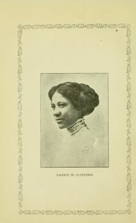portrait photograph of Carrie Williams Clifford, looking off to the left