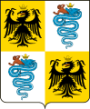The coat of arms of the House of Sforza, featuring two biscioni and two Reichsadlers (Imperial Eagles symbolizing the German and Austrian domination over Lombardy)