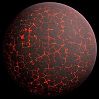 A depiction of the early Earth, with much of its surface covered in lava.