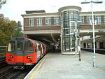 A London Underground train at East Finchley station, designed by Charles Holden, in 2007