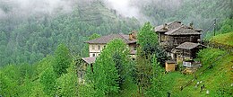 Houses in foggy, tree-covered mountains