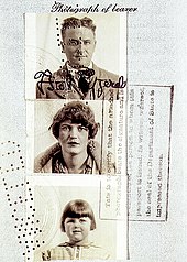 Three sepia-toned photographs of F. Scott Fitzgerald, Zelda Fitzgerald, and their daughter Scottie appear vertically in a passport booklet. Punched holes and a government stamp overlay the three photographs. Scott is wearing a tweed suit with his hair parted in the middle, Zelda has bobbed hair and is wearing a thick wrap, and Scottie is a pudgy child.