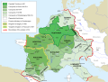 Map of the Merovingian Austrasia kingdom (darkest green), Metz was its capital from 511 to 751.