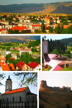 From upper left: Panoramic view of Glamoč, panoramic view of Lamele and Luke neighbourhoods, Catholic church of Saint Elias, Orthodox church, Fortress