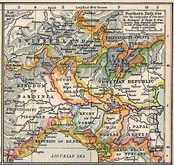Northern Italy in 1796; the Duchy of Mantua can be seen centre-right, shaded in orange, as part of the Duchy of Milan.