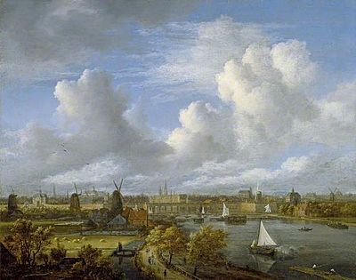 Painting of a city scene with a river
