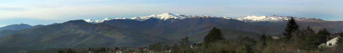 Jakupica mountain range, as seen from Dolno Sonje, North Macedonia, with the highest peak Solunska Glava in the middle