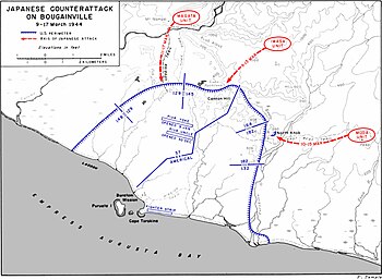 Black and white map of the U.S. perimeter on Bougainville showing the locations described in the article