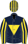 Dark blue, yellow inverted triangle, striped sleeves and cap