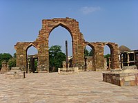 The Quwwat-ul-Islam ("Might of Islam") mosque, at the Qutb complex in Delhi, started in 1193 CE by Qutb-ud-din-Aibak to mark his victory over the Rajputs