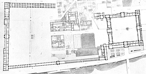 Plan of the unfinished Louvre by Charles Vasserot, showing the jumble of buildings on the location of the present-day Cour Napoléon (1830)