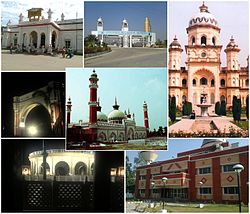 Center: Jama Masjid Rampur, Clockwise from top : Rampur Railway Station; Mohammad Ali Jauhar University; Rampur Raza Library; Aryabhatt Planetarium; Gandhi Samadhi
