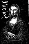 Schwarz-weiße Karikatur von Mona Lisa, die in grober Druckqualität gezeichnet wurde. Sie hat eine Pfeife im Mund, woraus Rauchwolken in den linken oberen Bildrand steigen. Der Hintergrund ist schwarz.