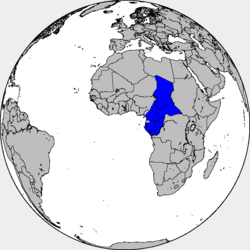 Globe centered on African continent, showing three central countries highlighted in solid blue.