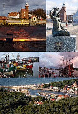 Collage of views of Ustka: lighthouse, beach in Ustka, mermaid, boats in the port, the entrance to the port, the port in Ustka bird's eye view
