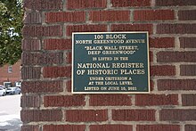 A commemorative plaque in Tulsa's Greenwood district marks the historic location of Black Wall Street.