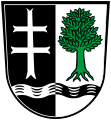 Gemeinde Holzgünz Gespalten von Schwarz und Silber mit einem gesenkten Wellenbalken in verwechselten Farben; vorne ein doppelarmiges gegabeltes (zwölfspitziges) silbernes Kreuz, hinten ein bewurzelter grüner Laubbaum.