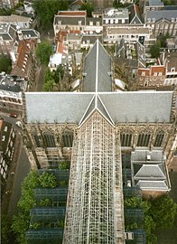 The church as seen from the tower, in front the temporarily rebuilt section, 2004
