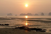 Sunrise over limestone islands, Phang Nga Bay.